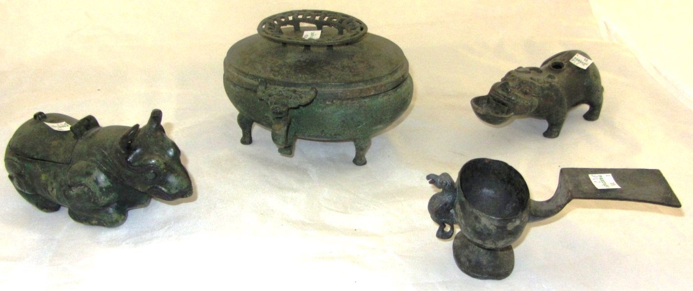 Appraisal: Four Chinese replica bronze vessels Zhou Shao a water dropper