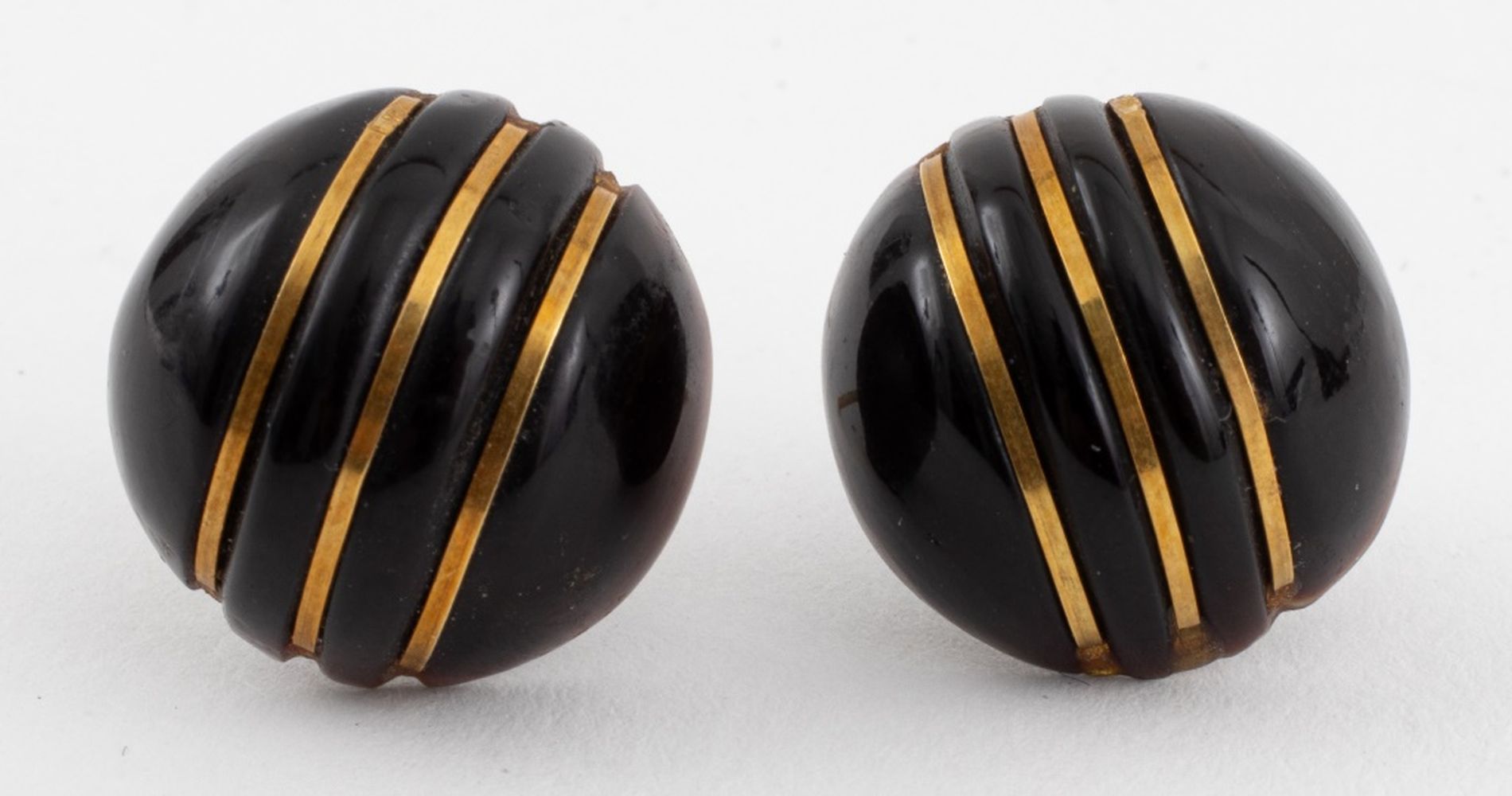 Appraisal: P K YELLOW GOLD ONYX EARRINGS Pair of Earrings featuring