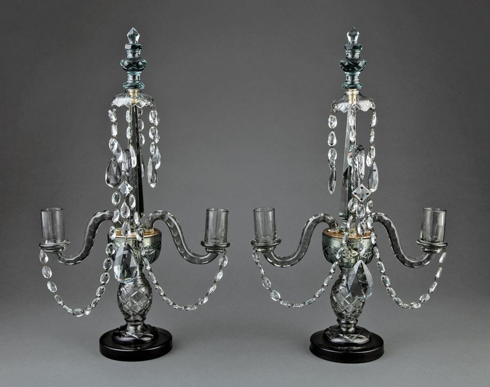 Appraisal: Pair of Smokey Gray Cut Glass Two-Light Girandoles in the