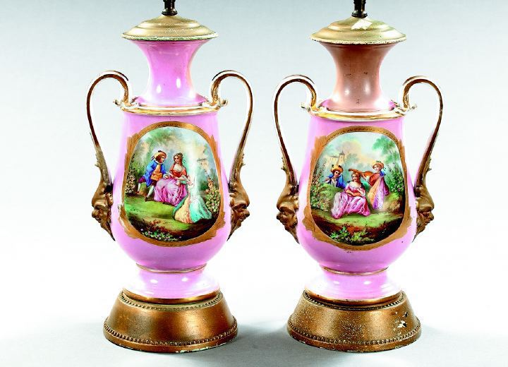 Appraisal: Tall Pair of Franco-Bohemian Rose Pompadour Ground Two-Handled Porcelain Garniture