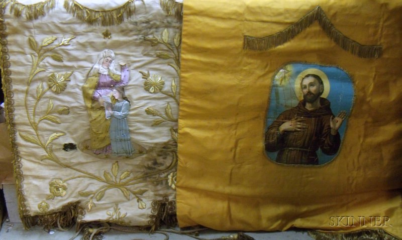 Appraisal: Two Late Victorian Metallic Embroidered Appliqued and Fringed Religious Banners