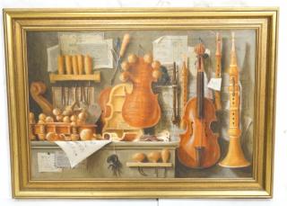 Appraisal: STEPAN LAZAREV French Trompe L'Oiel Oil Painting Musical Instruments Violins