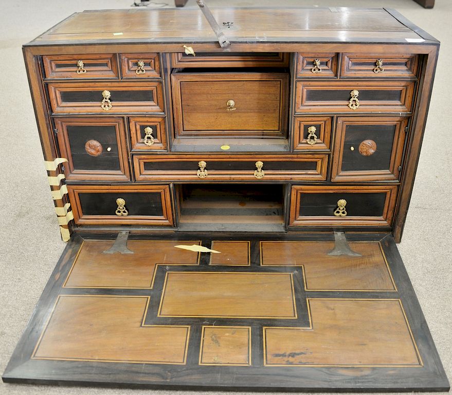 Appraisal: Spanish walnut and ebonized fruitwood drop front desk top th