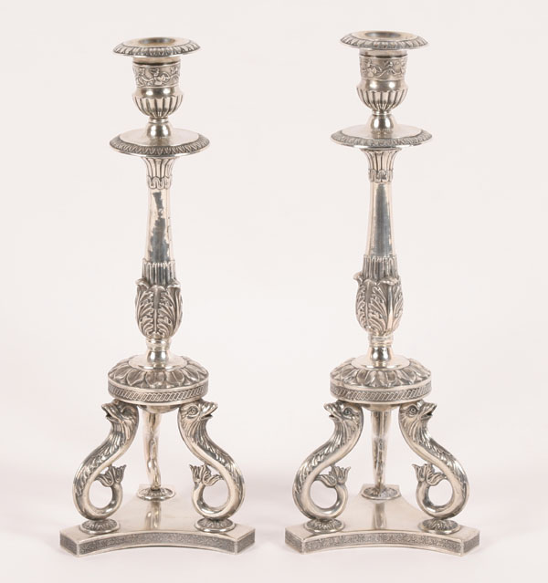 Appraisal: Pair German silver candlesticks body supported on tripod seaform base