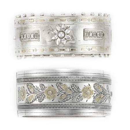 Appraisal: Two Antique Silver Cuff Bangle Bracelets Estimate -