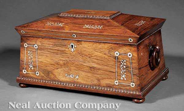 Appraisal: An English Rosewood and Mother-of-Pearl Inlaid Tea Caddy c sarcophagus