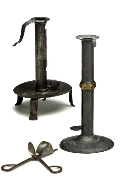 Appraisal: Two iron candlesticks and snuffer th th century