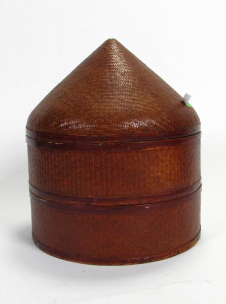 Appraisal: Vintage Chinese Woven Hat Box with wood banding '' high