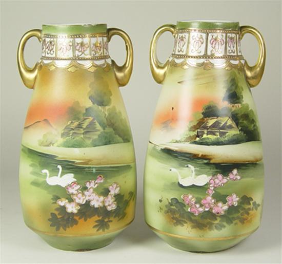 Appraisal: Pair of Nippon Tall Vases Circa Art Deco shaped Green