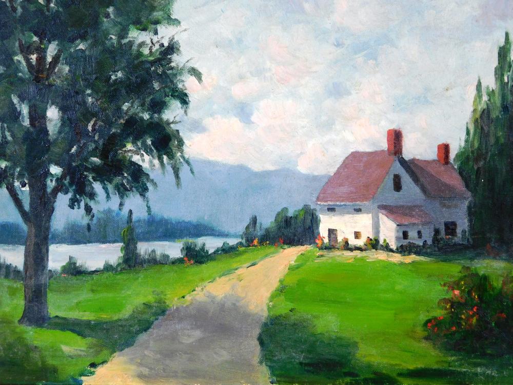 Appraisal: Unsigned landscape painting oil on canvas board a white farmhouse