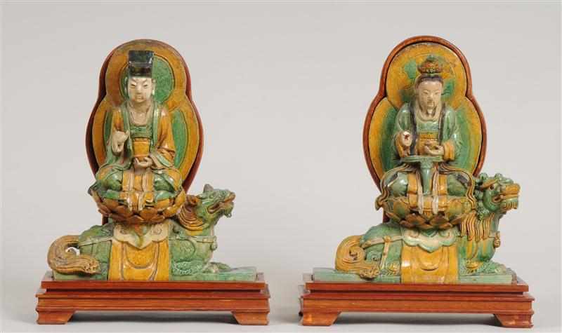 Appraisal: PAIR OF MING GLAZED POTTERY FIGURAL ROOF TILES Each modeled