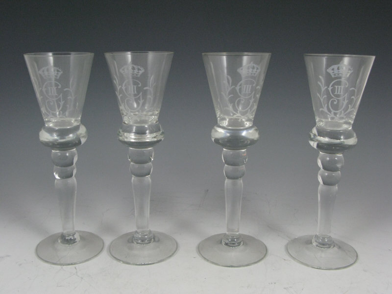 Appraisal: Set of Four Blown Etched Glass Cordials etched with G