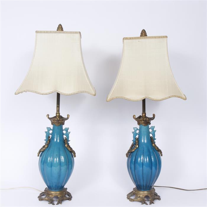 Appraisal: Pair Chinese lobed blue glaze porcelain vase lamps with figural