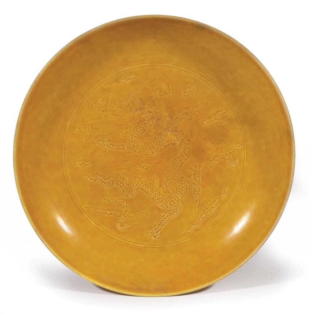 Appraisal: Chinese Yellow Glazed Porcelain Dish center incised with the figure