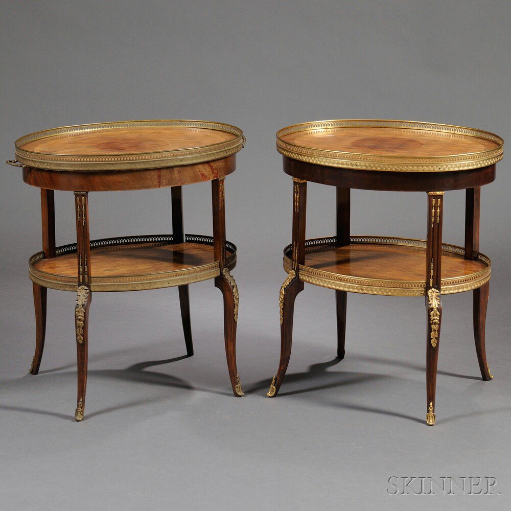 Appraisal: Pair of Louis XV-style Gilt-metal-mounted Parquetry Gu ridons France th