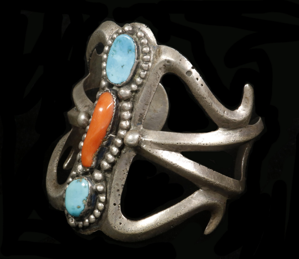 Appraisal: NATIVE AMERICAN SANDCAST SILVER TURQUOISE RED CORAL BRACELET Finely Crafted