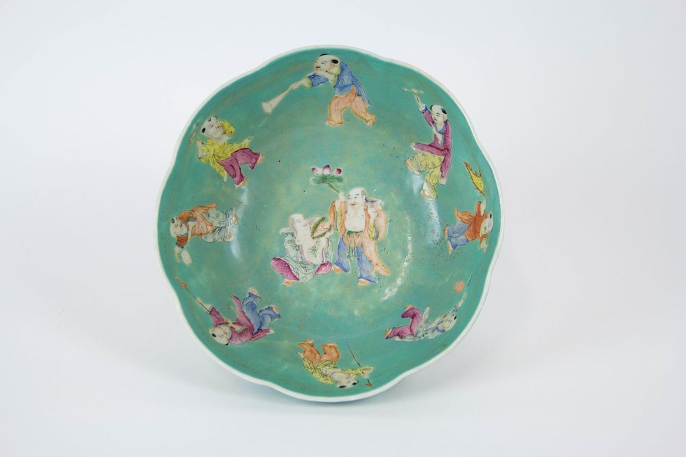 Appraisal: A Turquoise Ground Foliate Edge Boys Bowl Chinese th th