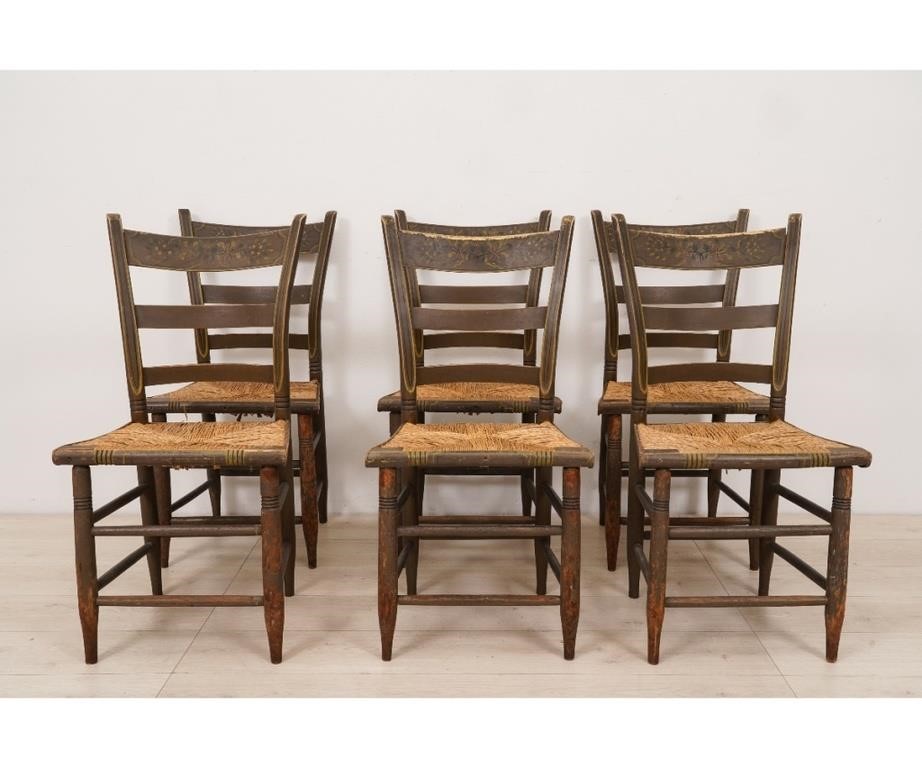 Appraisal: Set of Pennsylvania paint decorated side chairs with rush seats