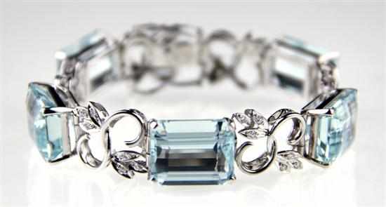 Appraisal: Aquamarine and diamond bracelet five emerald-cut aquamarines approx ctw and