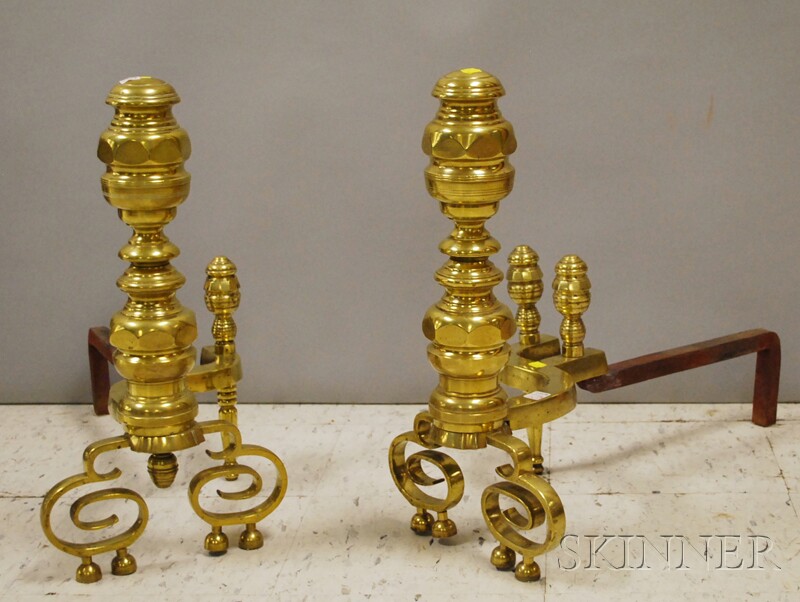 Appraisal: Pair of Brass Ring-turned and Faceted Andirons th century ht