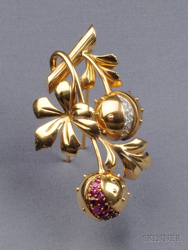 Appraisal: kt Gold Ruby and Diamond Brooch France designed as a