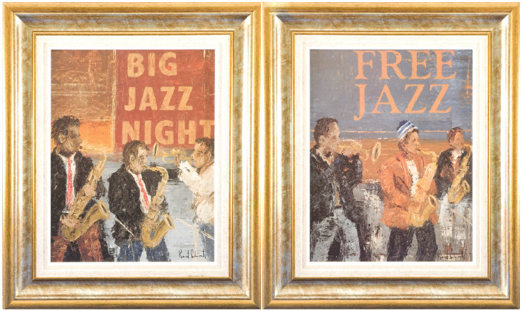 Appraisal: Two Textured Framed Prints Showing Jazz Club Musicians Titled Free