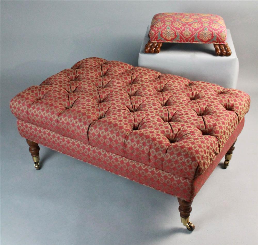 Appraisal: UPHOLSTERED TUFTED OTTOMAN TOGETHER WITH A FOOTSTOOL the ottoman tufted