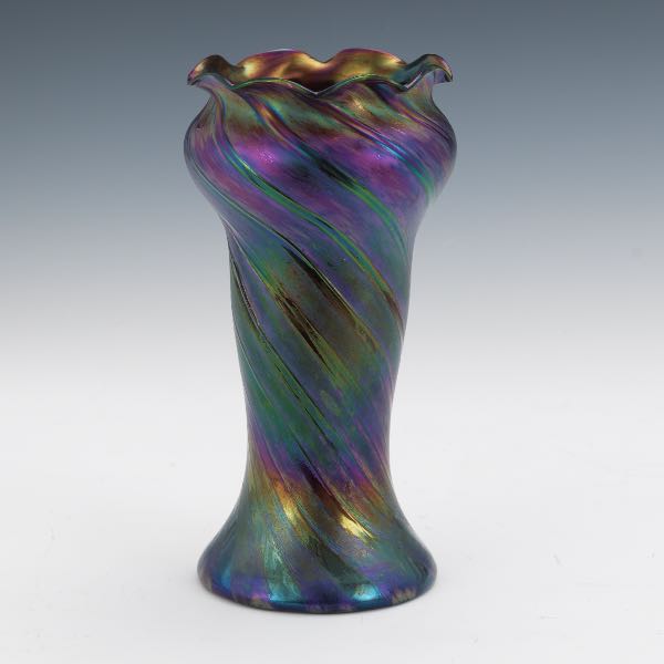 Appraisal: RINDSKOPF GLASS VASE x Dark red and green iridescent twisted