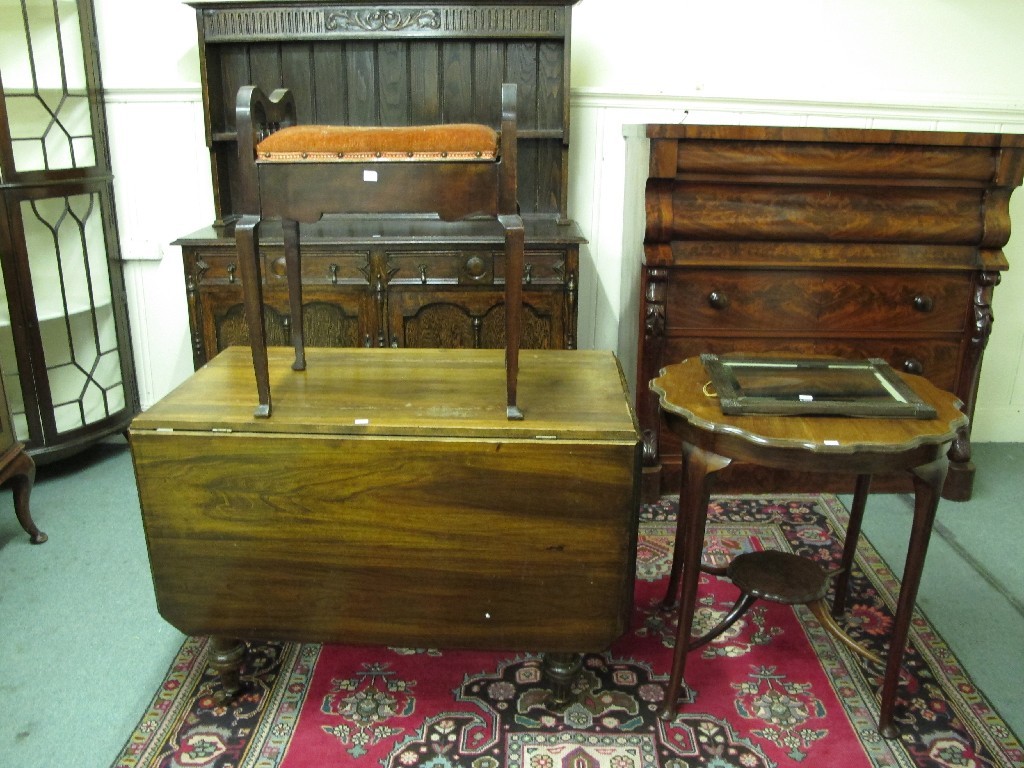 Appraisal: Mahogany drop leaf table piano stool occasional table and wall