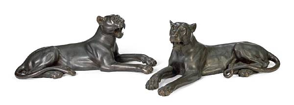 Appraisal: A pair of patinated bronze models of panthers after a