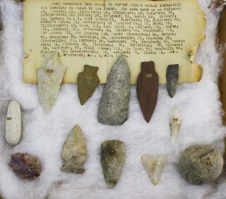 Appraisal: Connecticut prehistoric lithic artifacts incl arrowheads hammerstone with old key