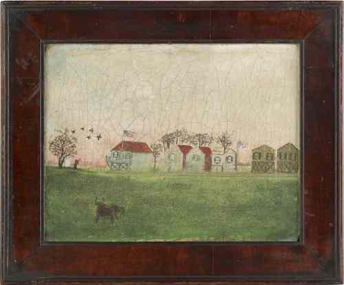 Appraisal: Primitive oil on canvas landscape th c with a town