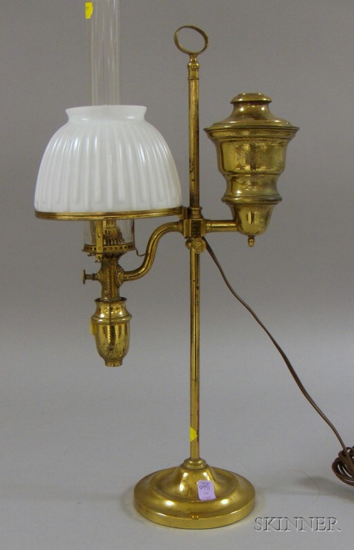 Appraisal: Adjustable Brass Student Lamp with White Ribbed Glass Shade with