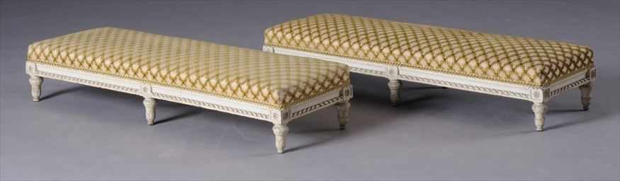 Appraisal: PAIR OF LOUIS XVI STYLE CARVED AND PAINTED LONG TABOURETS