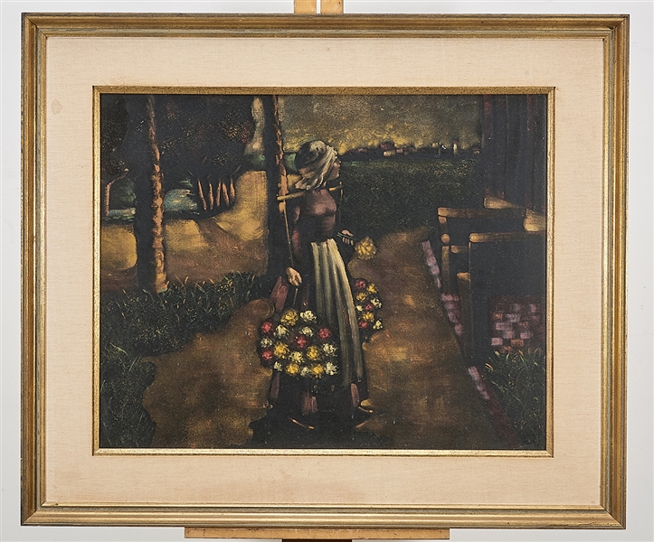 Appraisal: Framed painting on cloth of a woman carrying flowers x