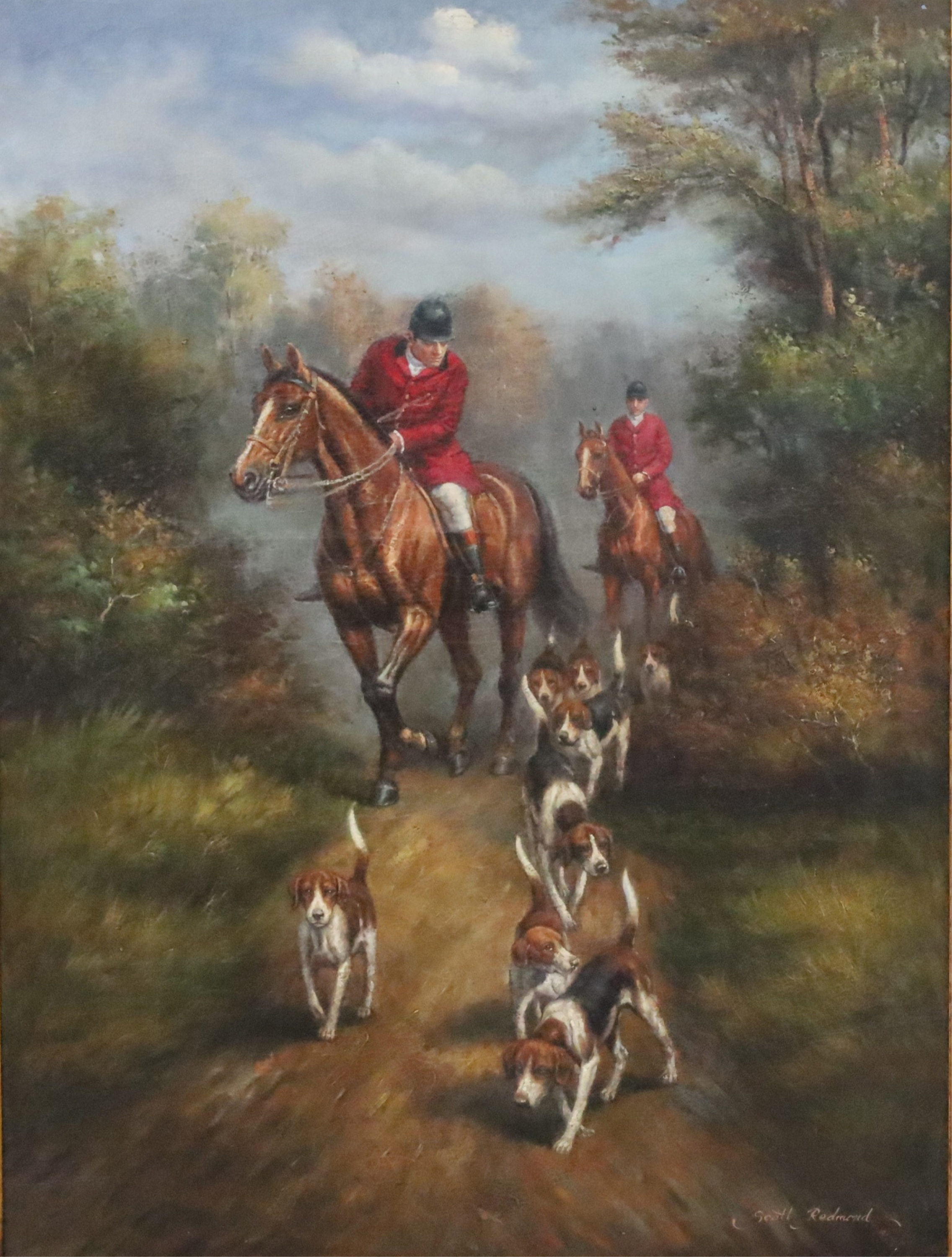 Appraisal: Decorative oil on canvas framed huntscene painting signed lower right