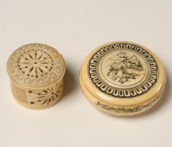 Appraisal: Two Japanese carved and engraved ivory boxes one with dice