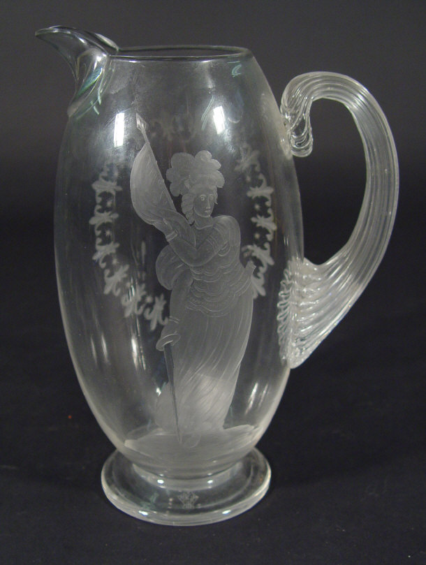 Appraisal: Victorian glass jug engraved with a female clutching a sword