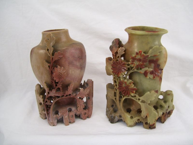 Appraisal: - Carved Soapstone Vases Includes Single vase form with floral