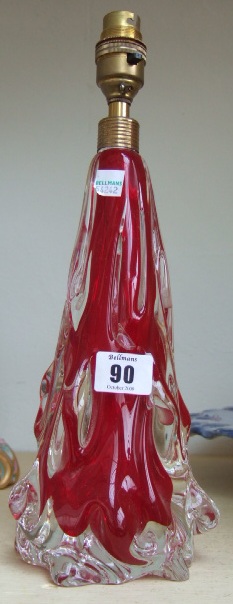 Appraisal: A Murano red glass table lamp with knobbly central stem