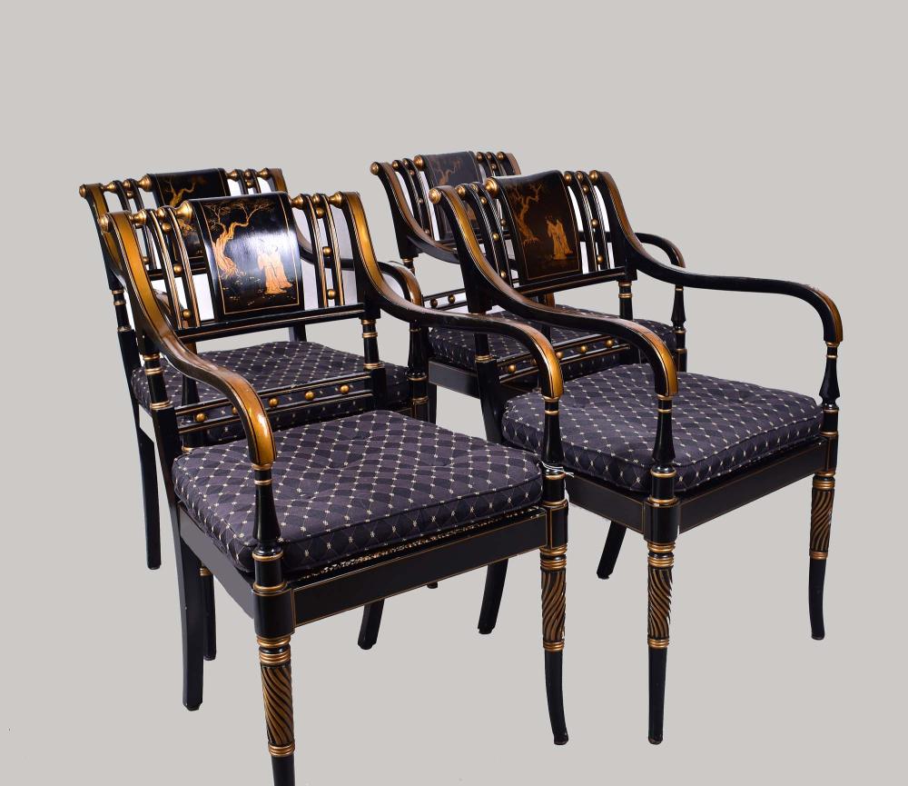 Appraisal: GROUP OF FOUR BLACK LACQUERED ARMCHAIRS th Century in high