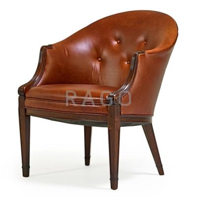 Appraisal: FRITS HENNINGSEN - Lounge chair Denmark s Mahogany leather Unmarked