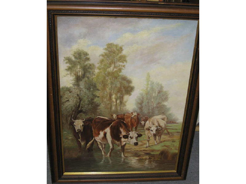 Appraisal: AMERICAN SCHOOL EARLY TH CENTURY Cattle watering oil on canvas