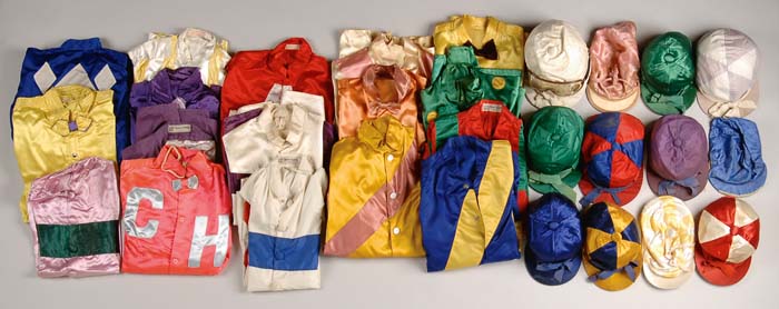 Appraisal: COLLECTION OF HORSE JOCKEY HAT AND SILKS Lot includes twelve