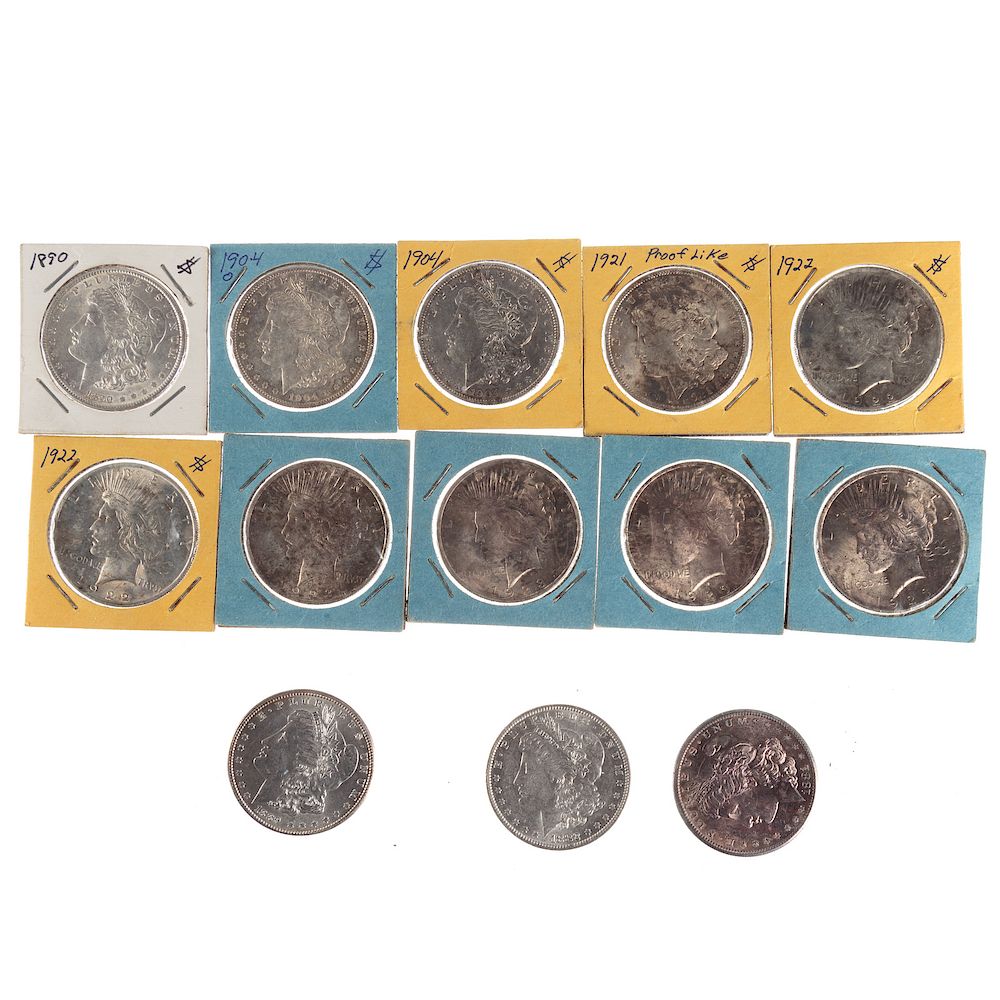 Appraisal: Thirteen Mint State Silver Dollars with AU -S Attractively toned