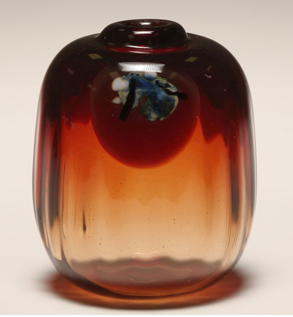 Appraisal: Vernon Brejcha amber ribbed glass vase Circles of mottled blue