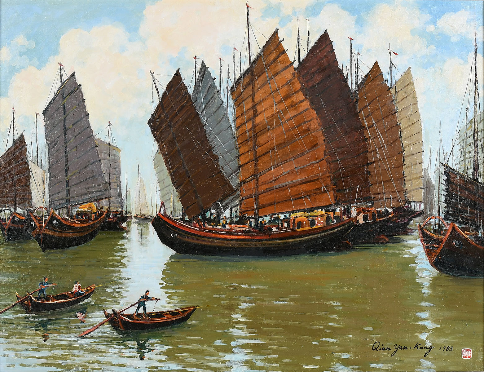 Appraisal: QIAN Yan-Kang Chinese th Century ''Shanghai Harbor'' Oil Canvas ''