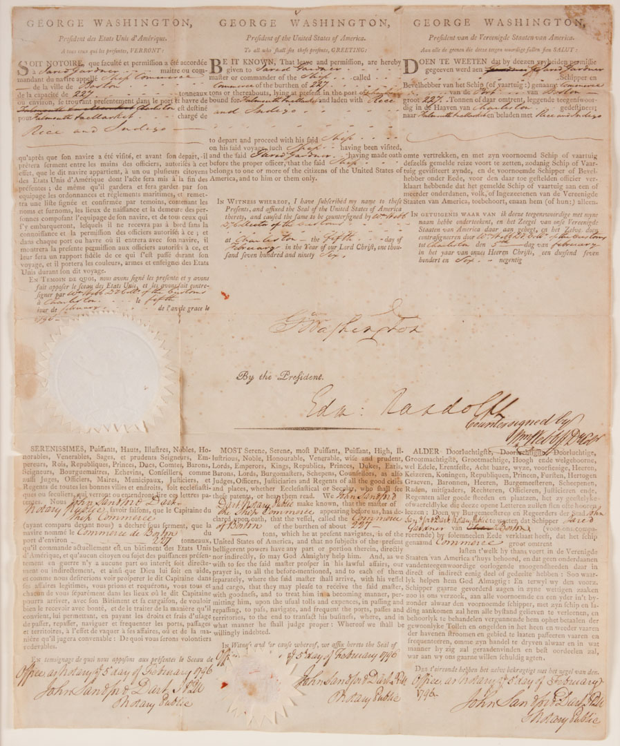 Appraisal: George Washington signed ship's letter three-language text certifying the peaceful