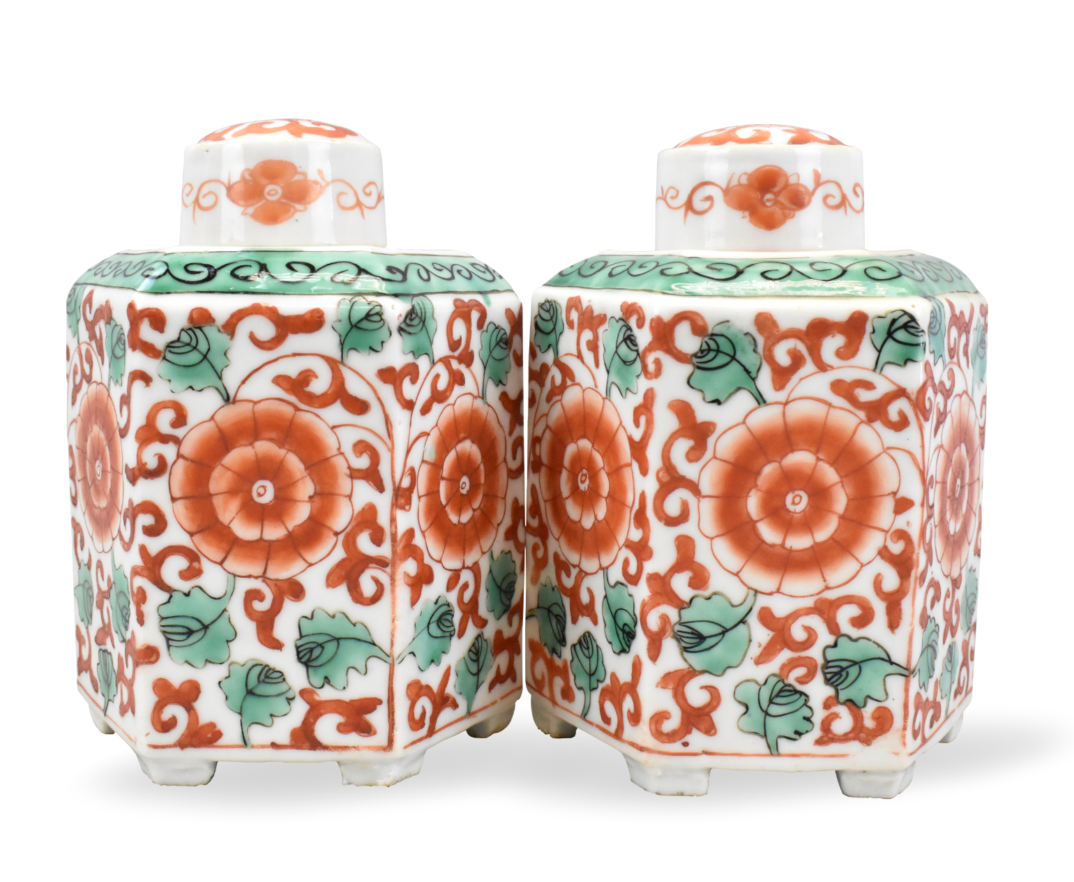 Appraisal: A pair of Chinese iron red hexagonal tea caddies dating