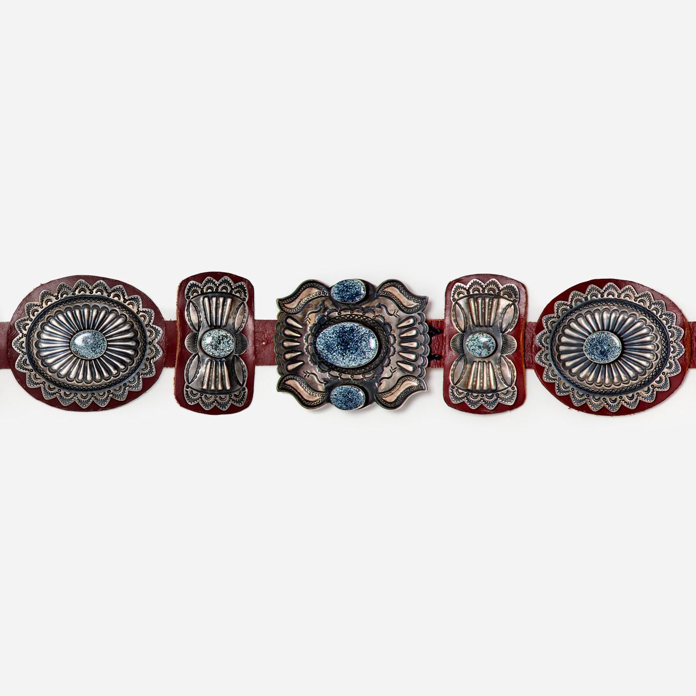 Appraisal: KIRK SMITH NAVAJO LARGE CONCHO BELT SPIDERWEB TURQUOISE Kirk Smith